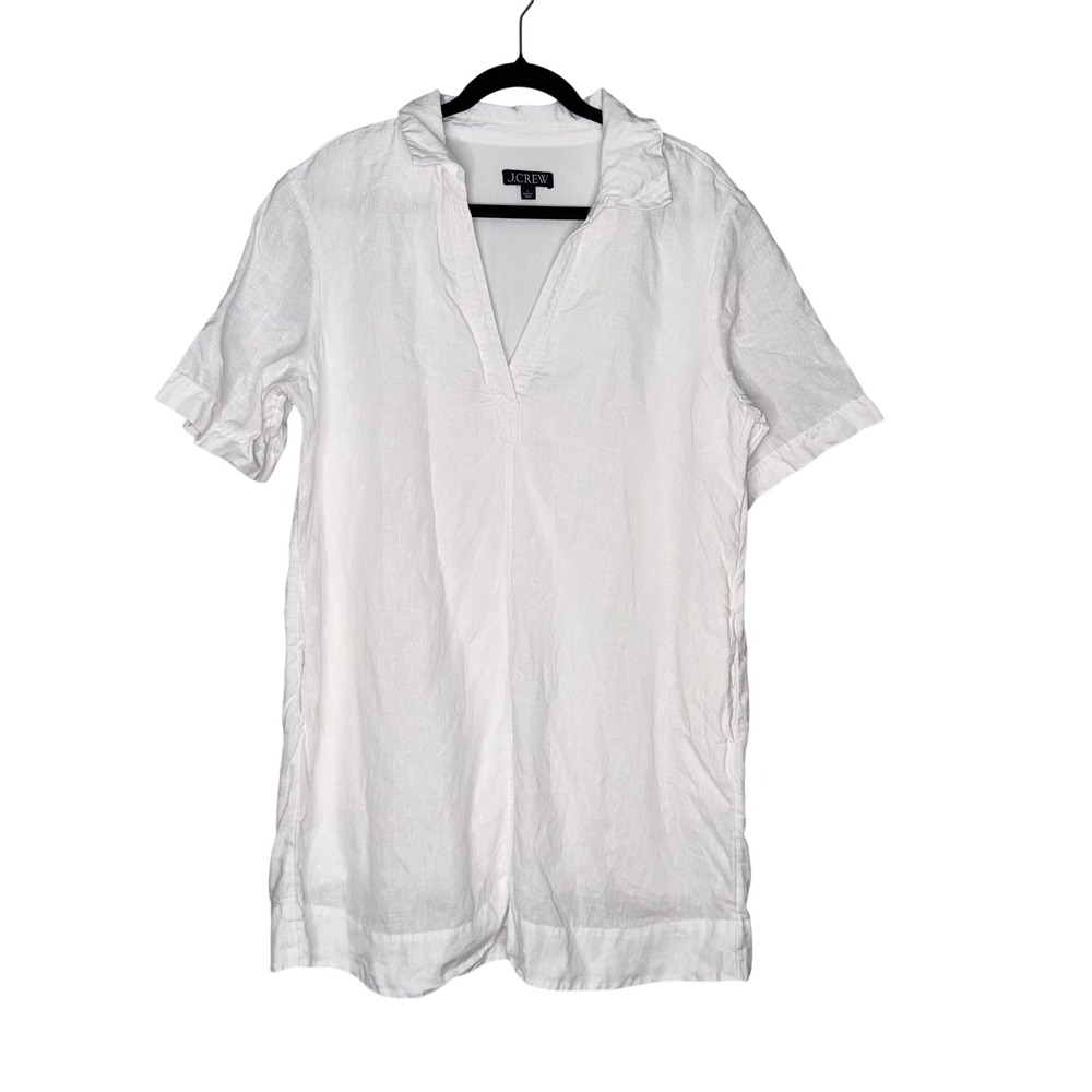 J.Crew Linen Shift Dress Womens Large White Excellent‎ Short Sleeve Split Neck